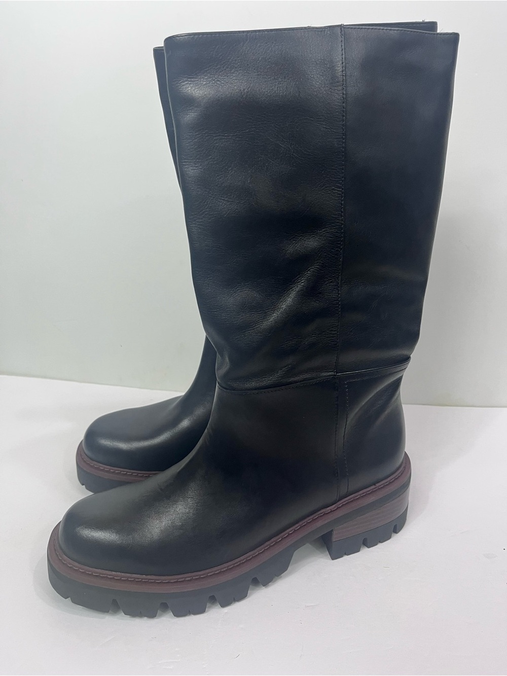 Arezzo Bailey Mid Black Leather Tractor Boots - Picture 3 of 9